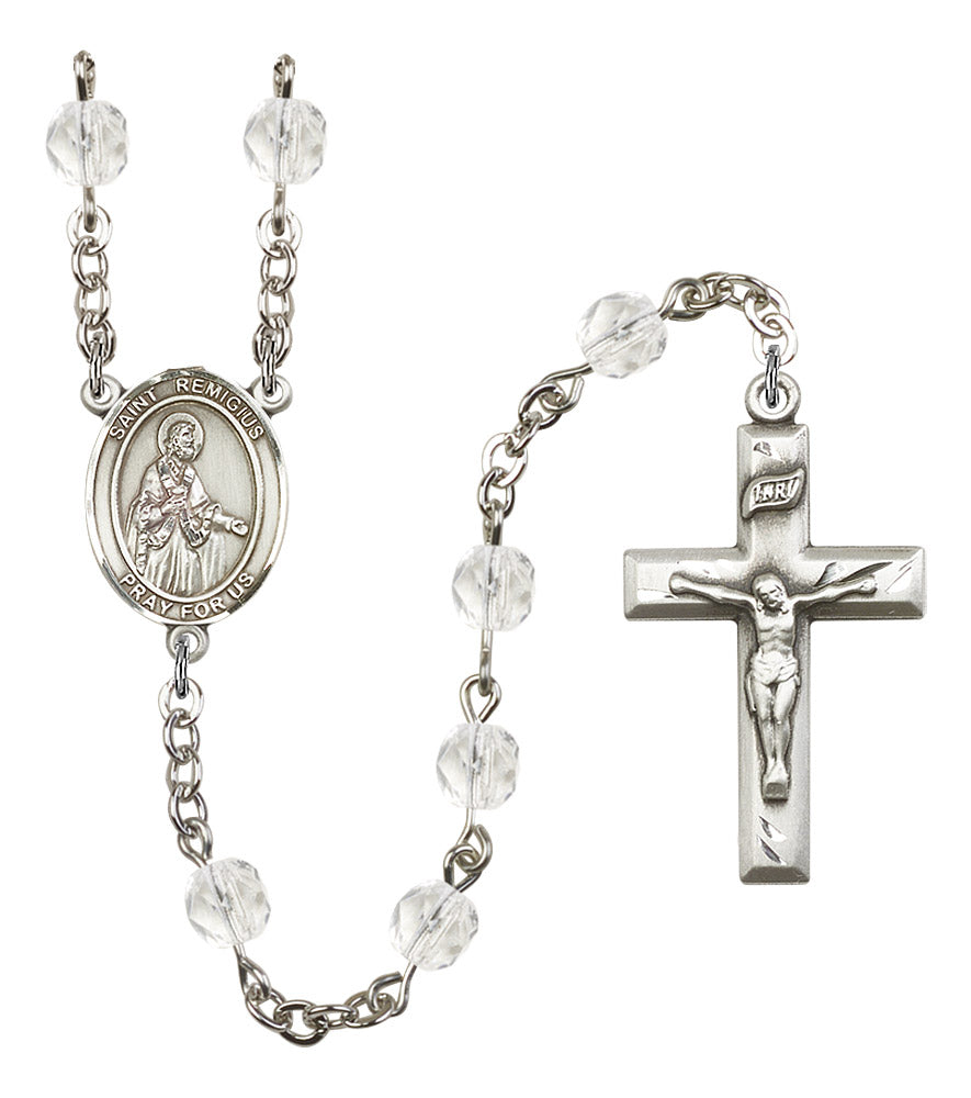 St. Remigius of Reims Rosary, 6mm Fire Polished Crystal Beads, Silver Plate, # 16683