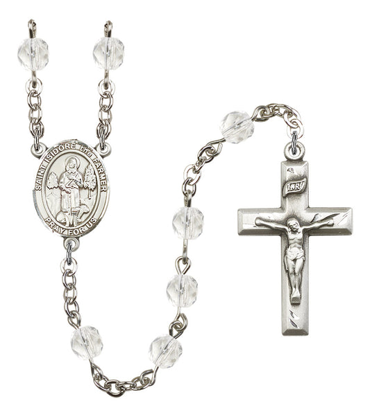 St. Isidore the Farmer Rosary, 6mm Fire Polished Crystal Beads, Silver Plate, # 16685