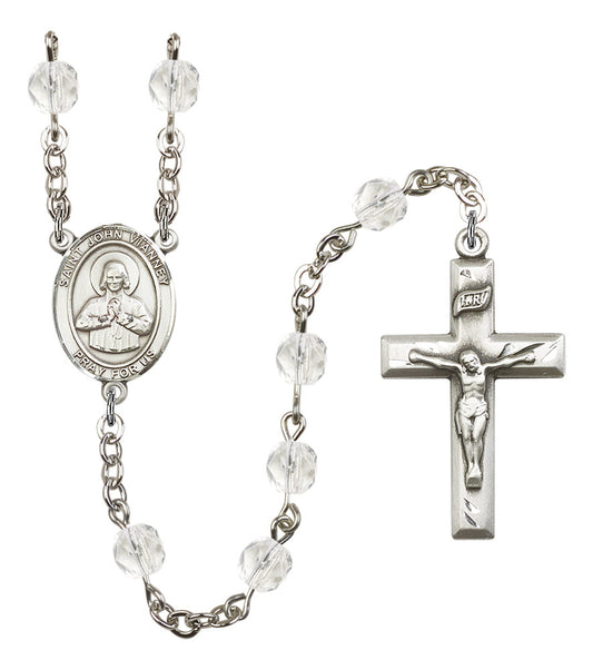 St. John Vianney Rosary, 6mm Fire Polished Crystal Beads, Silver Plate, # 16691