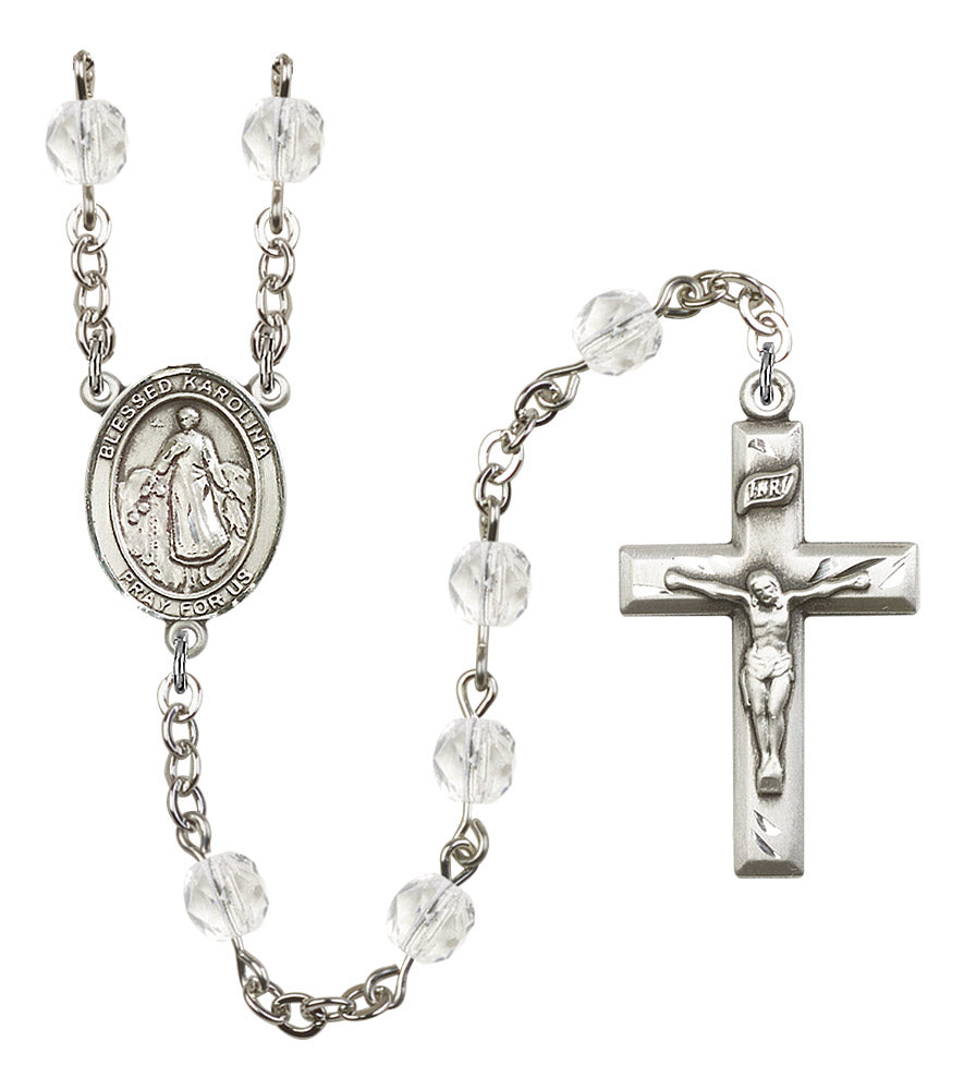 Blessed Karolina Kozkowna Rosary, 6mm Fire Polished Crystal Beads, Silver Plate, # 16692