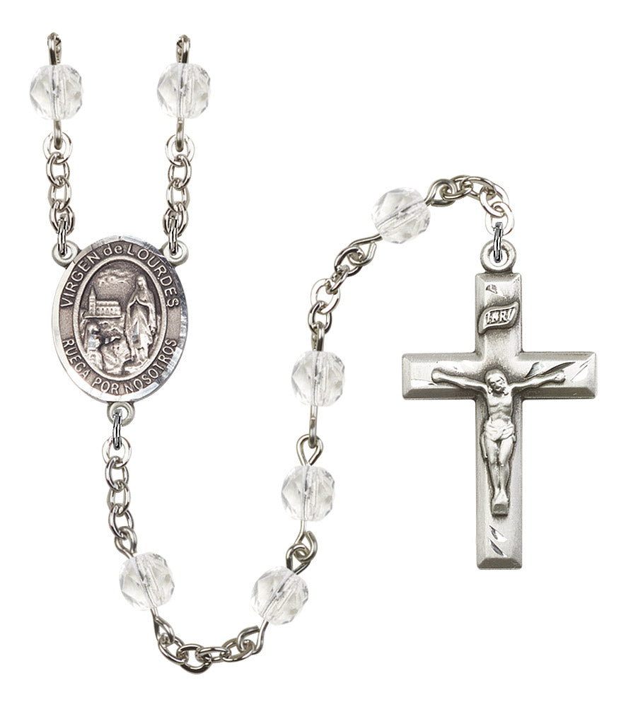 Virgen del Lourdes Spanish Rosary, 6mm Fire Polished Crystal Beads, Silver Plate, # 16699