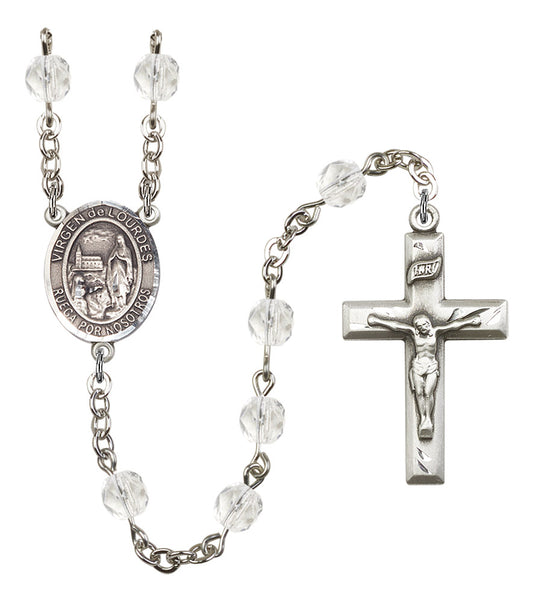 Virgen del Lourdes Spanish Rosary, 6mm Fire Polished Crystal Beads, Silver Plate, # 16699