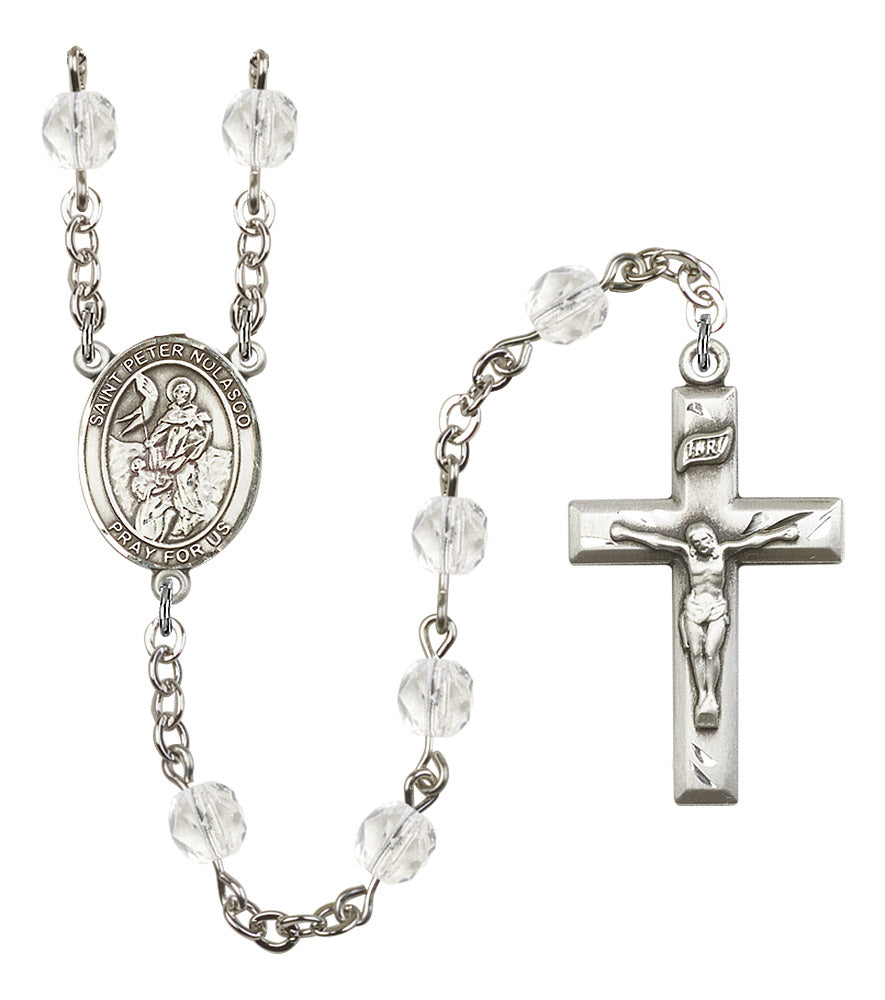 St. Peter Nolasco Rosary, 6mm Fire Polished Crystal Beads, Silver Plate, # 16703