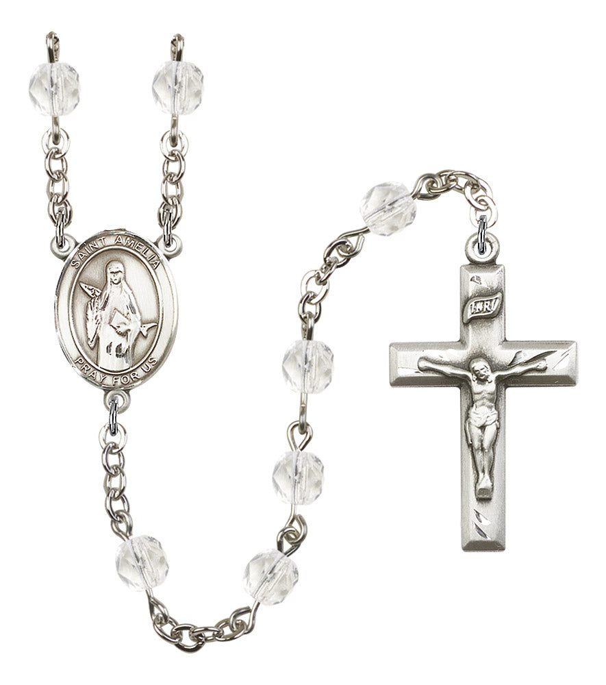 St. Amelia Rosary, 6mm Fire Polished Crystal Beads, Silver Plate, # 16724