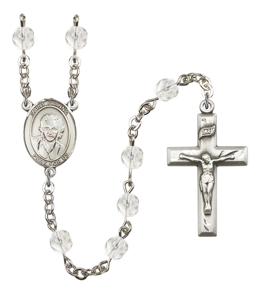St. Gianna Beretta Molla Rosary, 6mm Fire Polished Crystal Beads, Silver Plate, # 16733