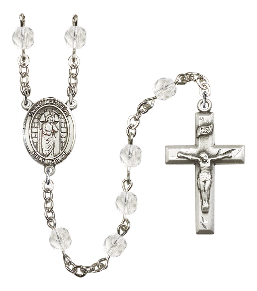 St. Matthias the Apostle Rosary, 6mm Fire Polished Crystal Beads, Silver Plate, # 16744