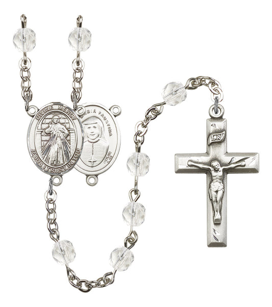 Divine Mercy Rosary, 6mm Fire Polished Crystal Beads, Silver Plate, # 16801