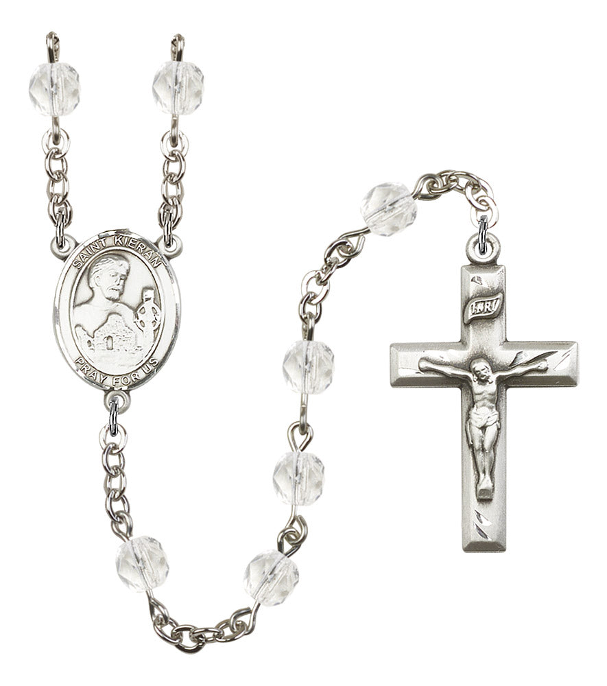 St. Kieran Rosary, 6mm Fire Polished Crystal Beads, Silver Plate, # 16803