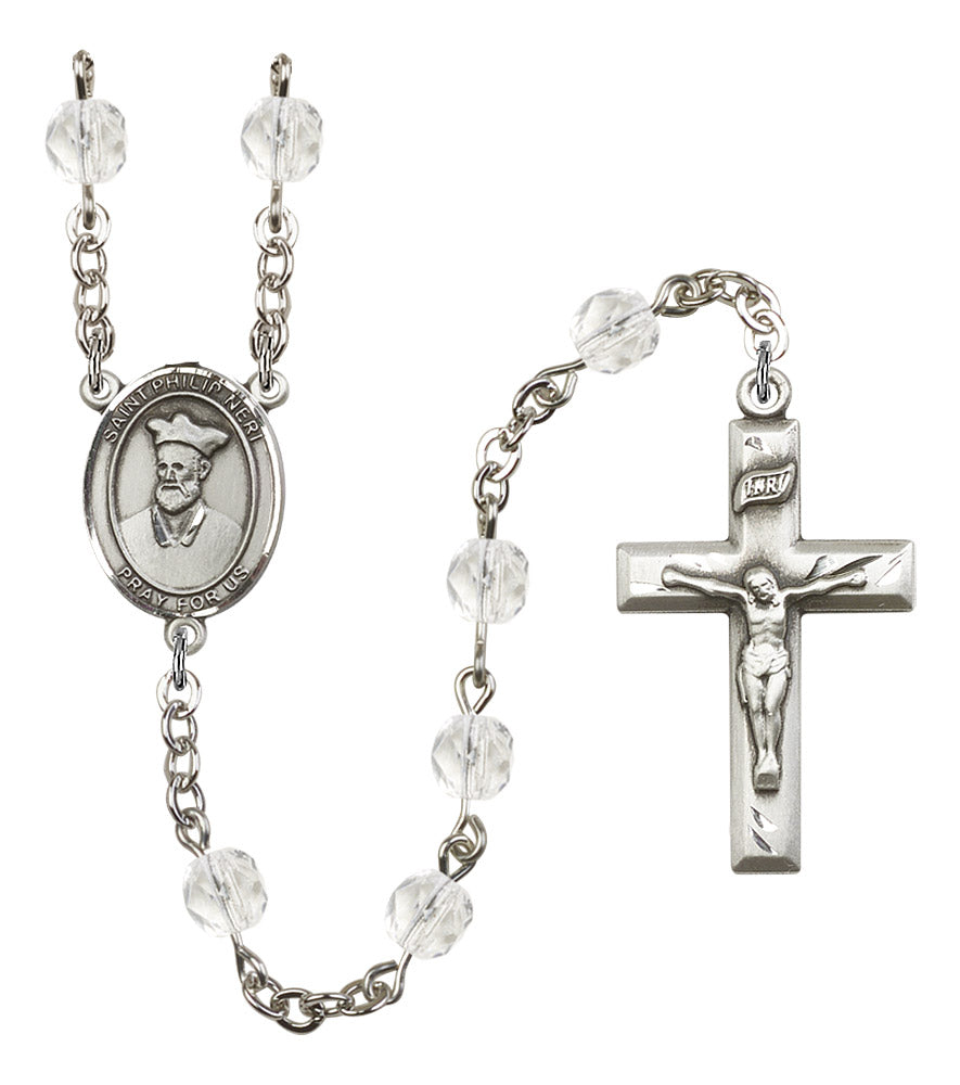 St. Philip Neri Rosary, 6mm Fire Polished Crystal Beads, Silver Plate, # 16805