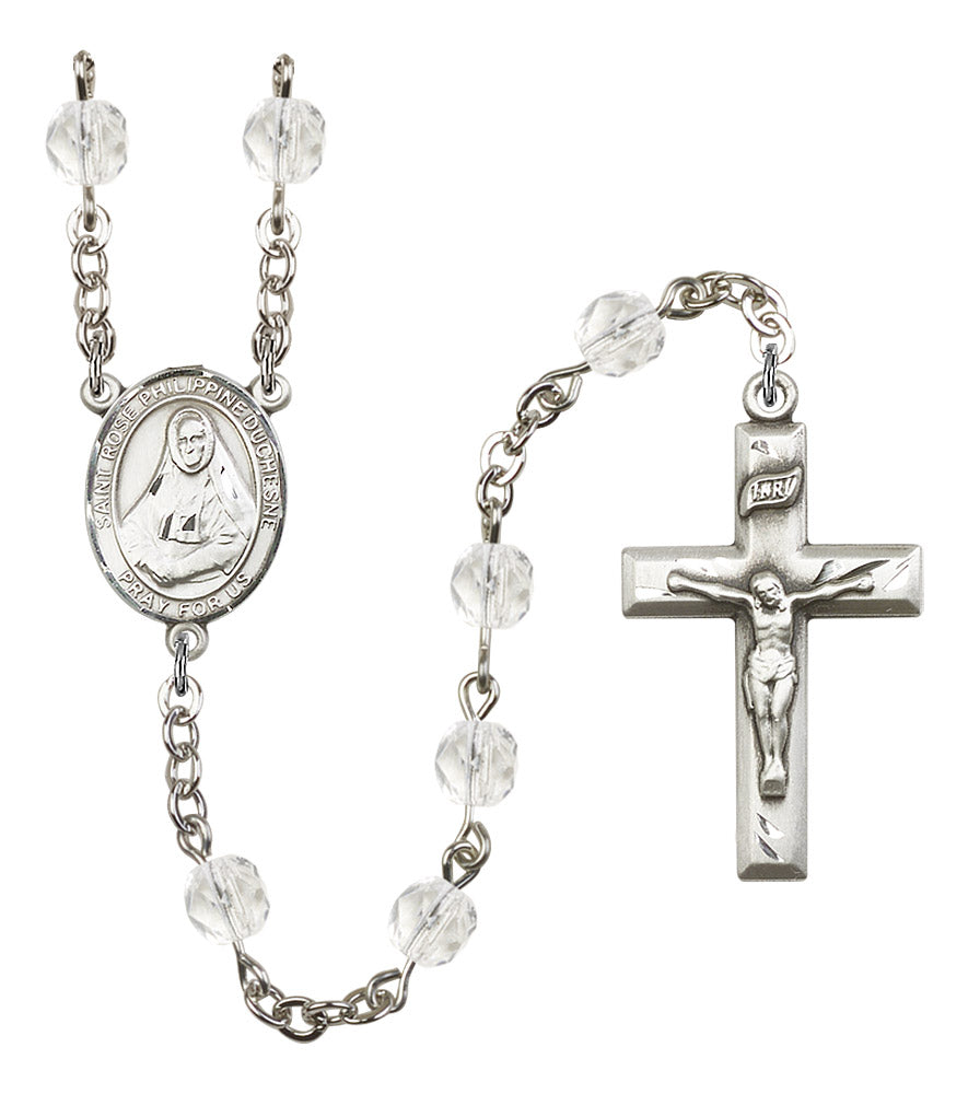 St. Rose Philippine Duchesne Rosary, 6mm Fire Polished Crystal Beads, Silver Plate, # 16807
