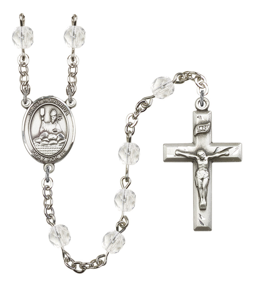 St. Honorius of Amiens Rosary, 6mm Fire Polished Crystal Beads, Silver Plate, # 16812