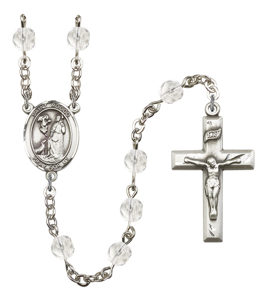 St. Rocco Rosary, 6mm Fire Polished Crystal Beads, Silver Plate, # 16813