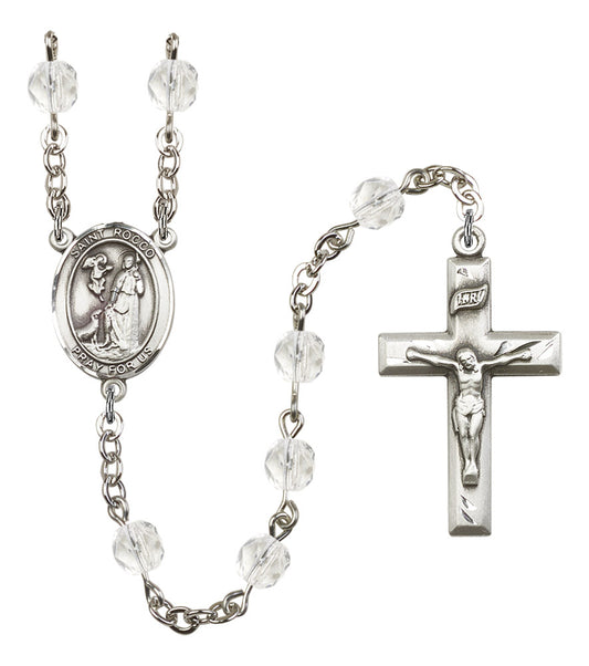 St. Rocco Rosary, 6mm Fire Polished Crystal Beads, Silver Plate, # 16813