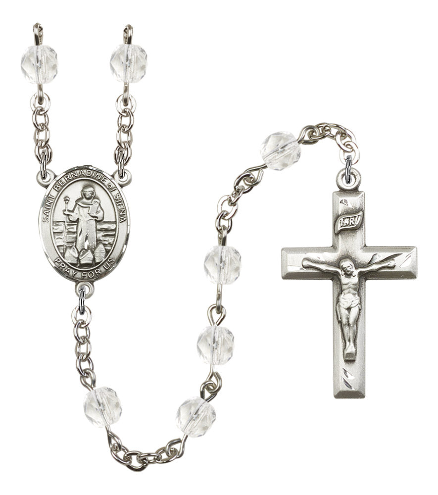 St. Bernadine of Sienna Rosary, 6mm Fire Polished Crystal Beads, Silver Plate, # 16823