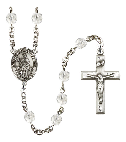 Our Lady of the Assumption Rosary, 6mm Fire Polished Crystal Beads, Silver Plate, # 16824