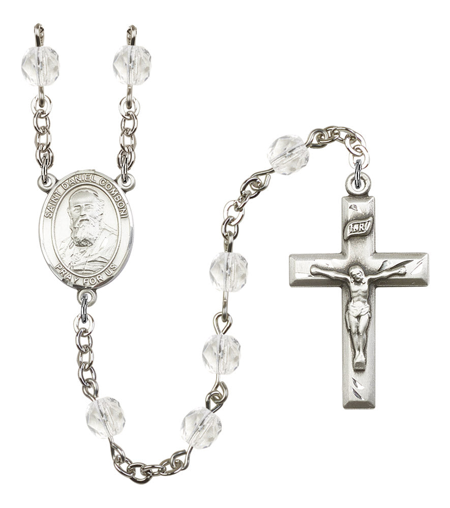 St. Daniel Comboni Rosary, 6mm Fire Polished Crystal Beads, Silver Plate, # 16836