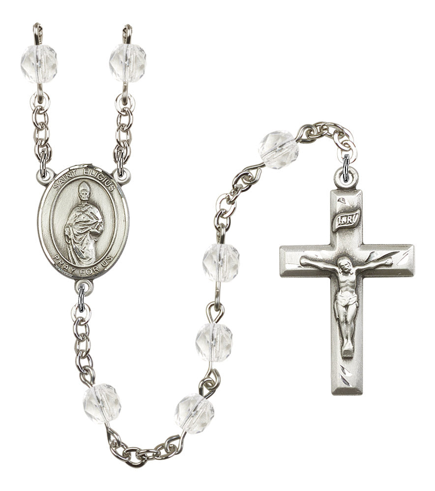 St. Eligius Rosary, 6mm Fire Polished Crystal Beads, Silver Plate, # 16838