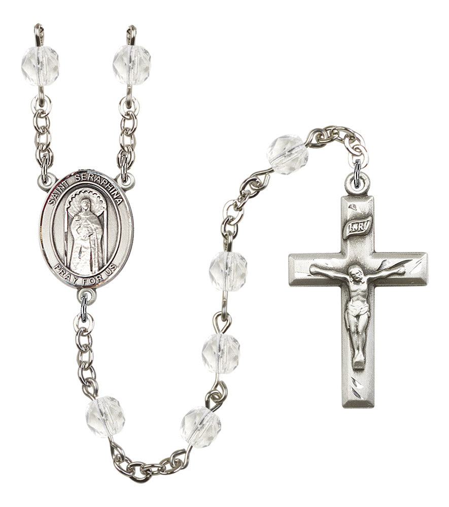 St. Seraphina Rosary, 6mm Fire Polished Crystal Beads, Silver Plate, # 16841