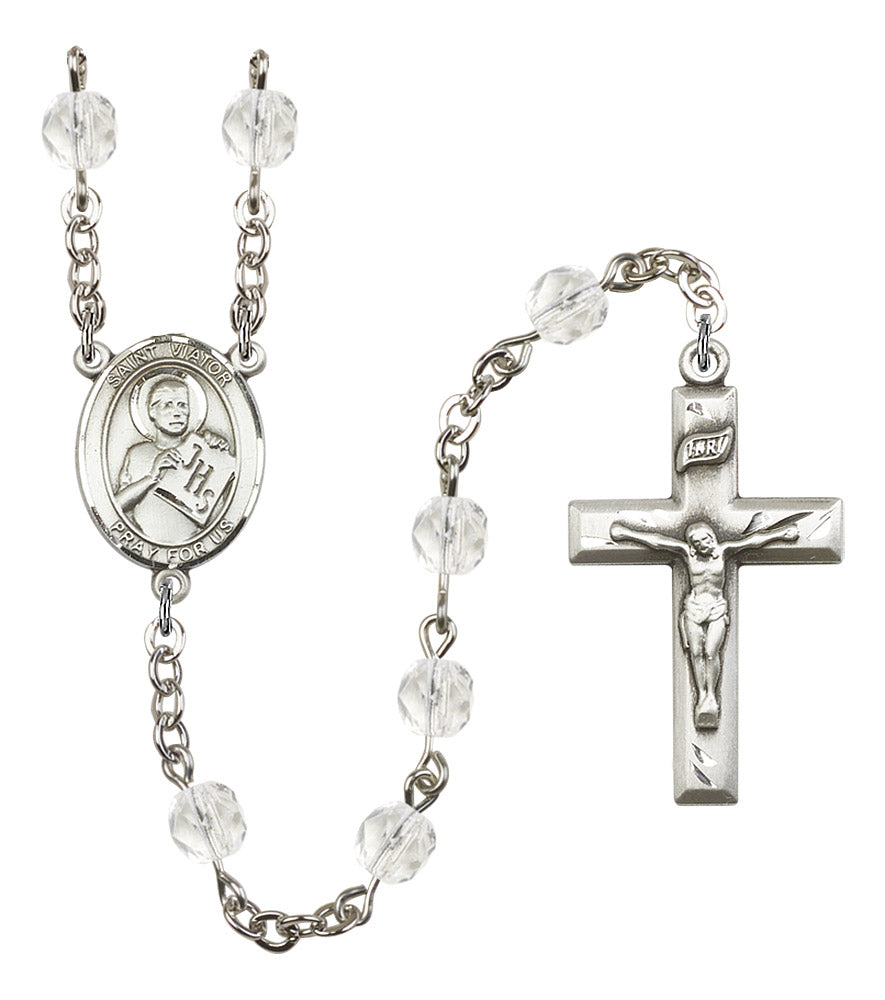 St. Viator of Bergamo Rosary, 6mm Fire Polished Crystal Beads, Silver Plate, # 16844