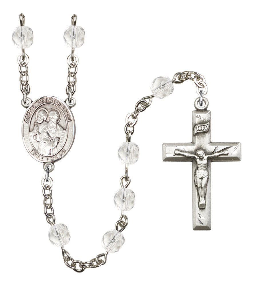 Sts. Peter & Paul Rosary, 6mm Fire Polished Crystal Beads, Silver Plate, # 16847
