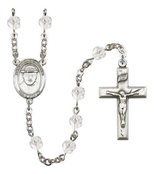St. Damien of Molokai Rosary, 6mm Fire Polished Crystal Beads, Silver Plate, # 16849