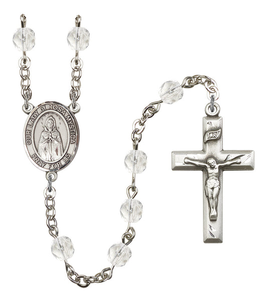 Our Lady of Rosa Mystica Rosary, 6mm Fire Polished Crystal Beads, Silver Plate, # 16850