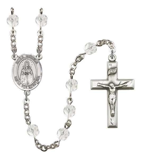 Our Lady of Rosa Mystica Spanish Rosary, 6mm Fire Polished Crystal Beads, Silver Plate, # 16851