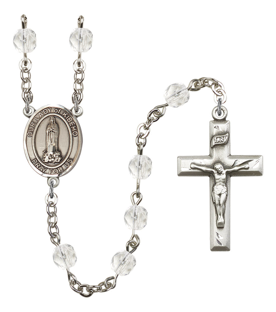 Our Lady of Kibeho Rosary, 6mm Fire Polished Crystal Beads, Silver Plate, # 16852
