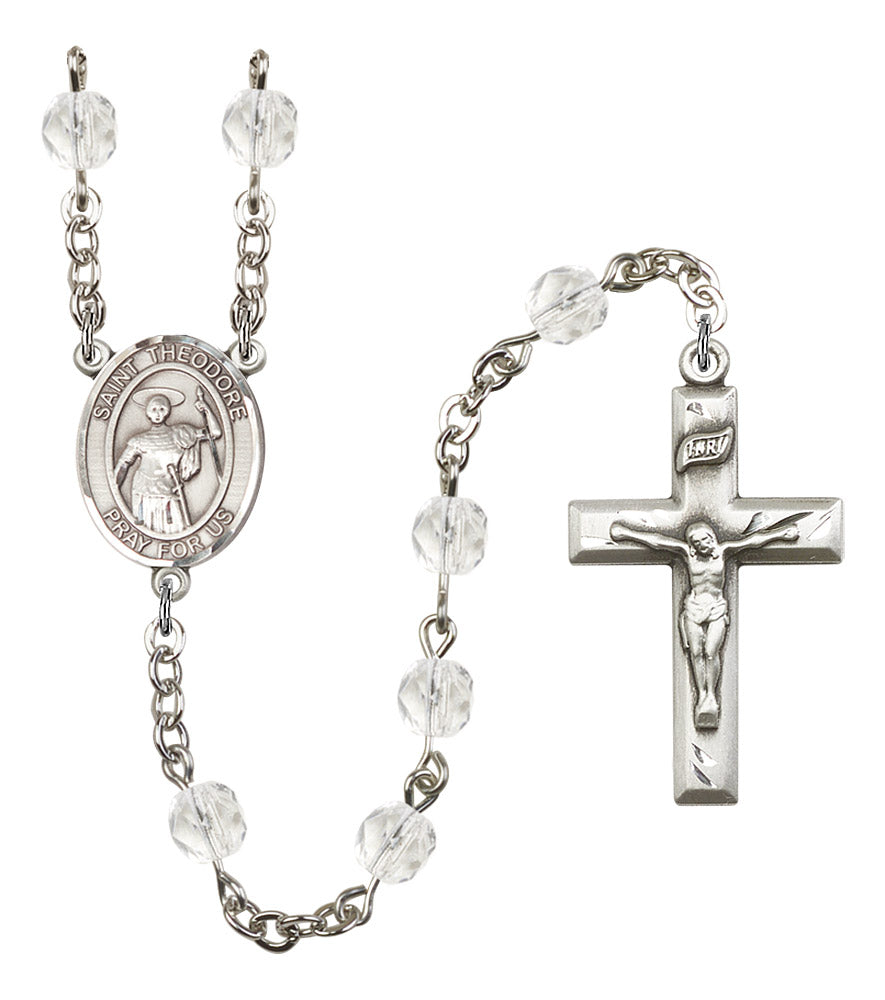 St. Theodore Stratelates Rosary, 6mm Fire Polished Crystal Beads, Silver Plate, # 16853