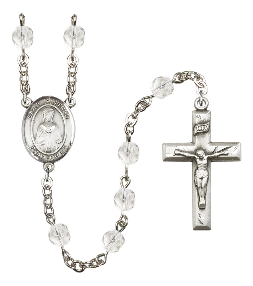 St. Winifred of Wales Rosary, 6mm Fire Polished Crystal Beads, Silver Plate, # 16857