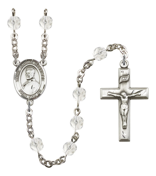 St. Andre Bessette Rosary, 6mm Fire Polished Crystal Beads, Silver Plate, # 16863