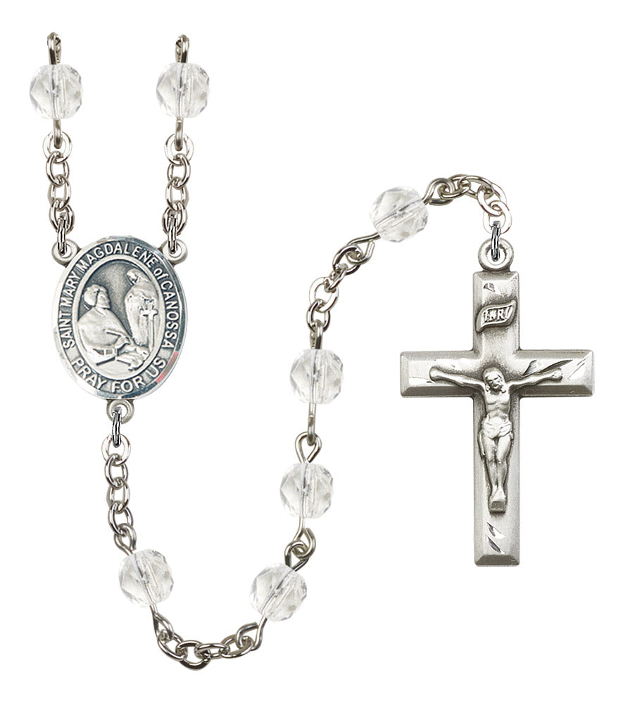 St. Mary Magdalene of Canossa Rosary, 6mm Fire Polished Crystal Beads, Silver Plate, # 16868