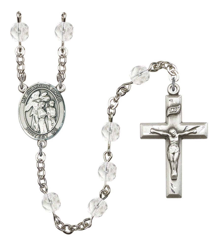 Guardian Angel w/ Children Rosary, 6mm Fire Polished Crystal Beads, Silver Plate, # 16876