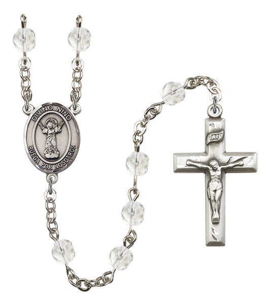 Divino Nino Spanish Rosary, 6mm Fire Polished Crystal Beads, Silver Plate, # 16880