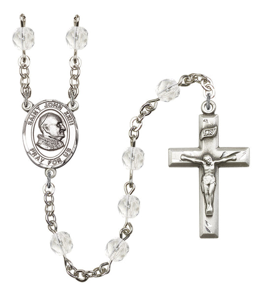 St. John XXIII Rosary, 6mm Fire Polished Crystal Beads, Silver Plate, # 16889