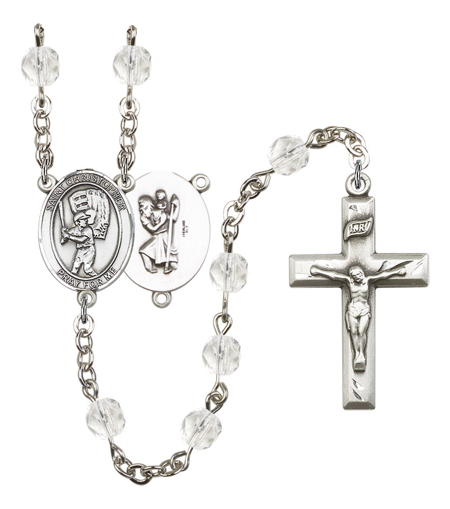St. Christopher / Baseball Rosary, 6mm Fire Polished Crystal Beads, Silver Plate, # 16890