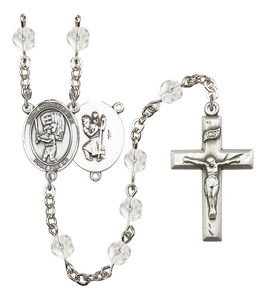 St. Christopher / Baseball Rosary, 6mm Fire Polished Crystal Beads, Silver Plate, # 16890