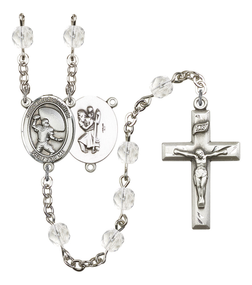 St. Christopher / Football Rosary, 6mm Fire Polished Crystal Beads, Silver Plate, # 16891