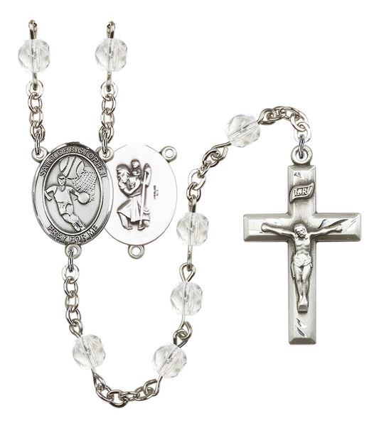 St. Christopher / Basketball Rosary, 6mm Fire Polished Crystal Beads, Silver Plate, # 16892
