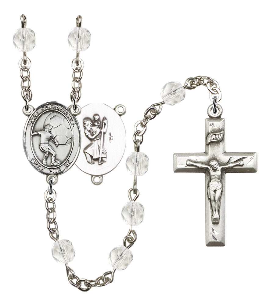 St. Christopher / Soccer Rosary, 6mm Fire Polished Crystal Beads, Silver Plate, # 16893