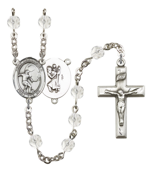 St. Christopher / Soccer Rosary, 6mm Fire Polished Crystal Beads, Silver Plate, # 16893