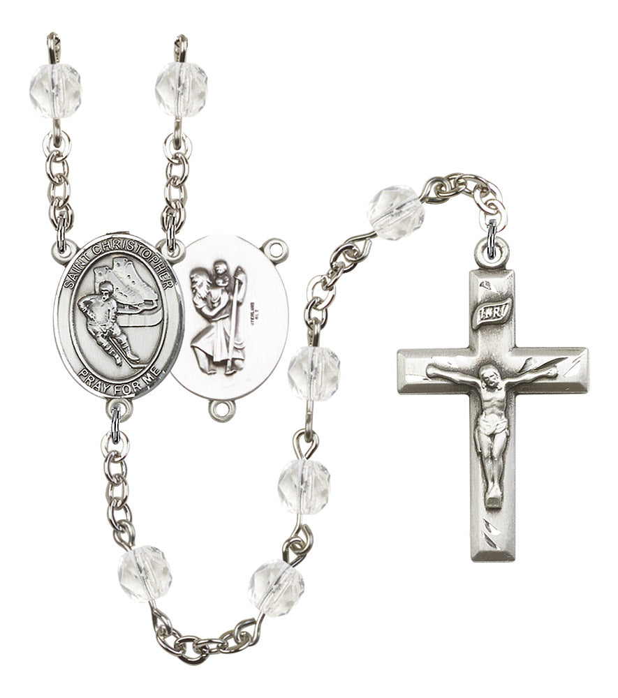 St. Christopher / Hockey Rosary, 6mm Fire Polished Crystal Beads, Silver Plate, # 16894
