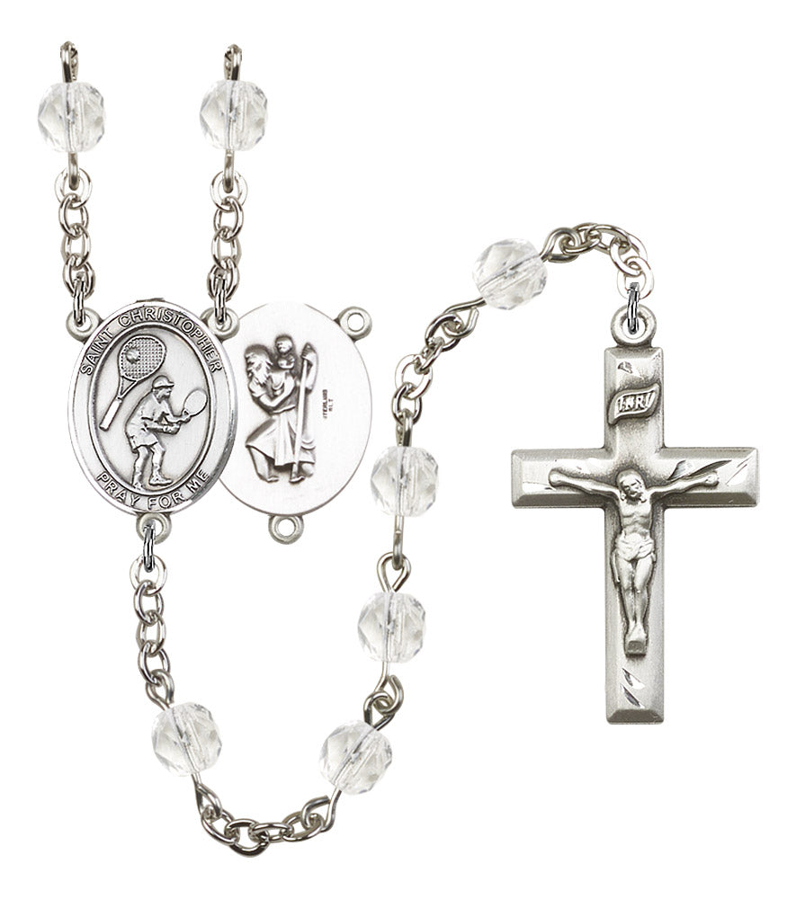 St. Christopher / Tennis Rosary, 6mm Fire Polished Crystal Beads, Silver Plate, # 16895