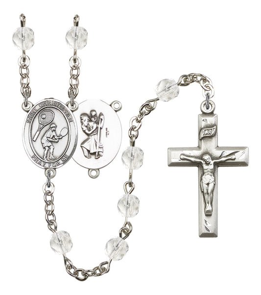 St. Christopher / Tennis Rosary, 6mm Fire Polished Crystal Beads, Silver Plate, # 16895