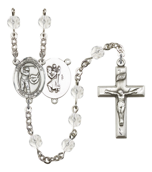 St. Christopher / Golf Rosary, 6mm Fire Polished Crystal Beads, Silver Plate, # 16896