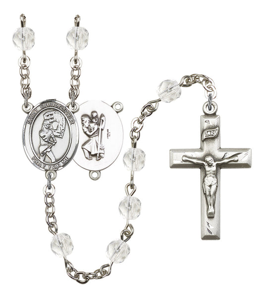 St. Christopher / Softball Rosary, 6mm Fire Polished Crystal Beads, Silver Plate, # 16898