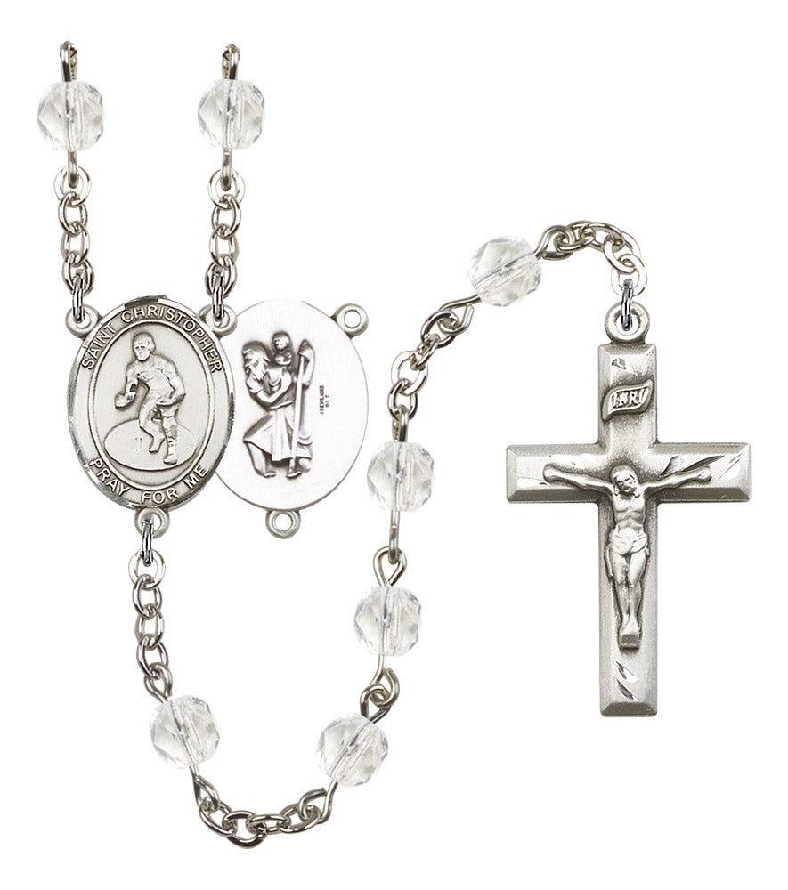 St. Christopher / Wrestling Rosary, 6mm Fire Polished Crystal Beads, Silver Plate, # 16899
