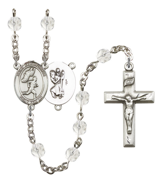 St. Christopher / Men's Track & Field Rosary, 6mm Fire Polished Crystal Beads, Silver Plate, # 16900