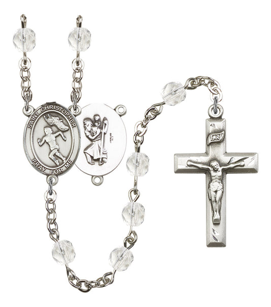 St. Christopher / Women's Track & Field Rosary, 6mm Fire Polished Crystal Beads, Silver Plate, # 16901