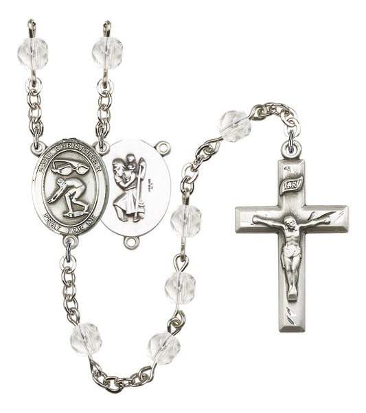 St. Christopher / Swimming Rosary, 6mm Fire Polished Crystal Beads, Silver Plate, # 16902